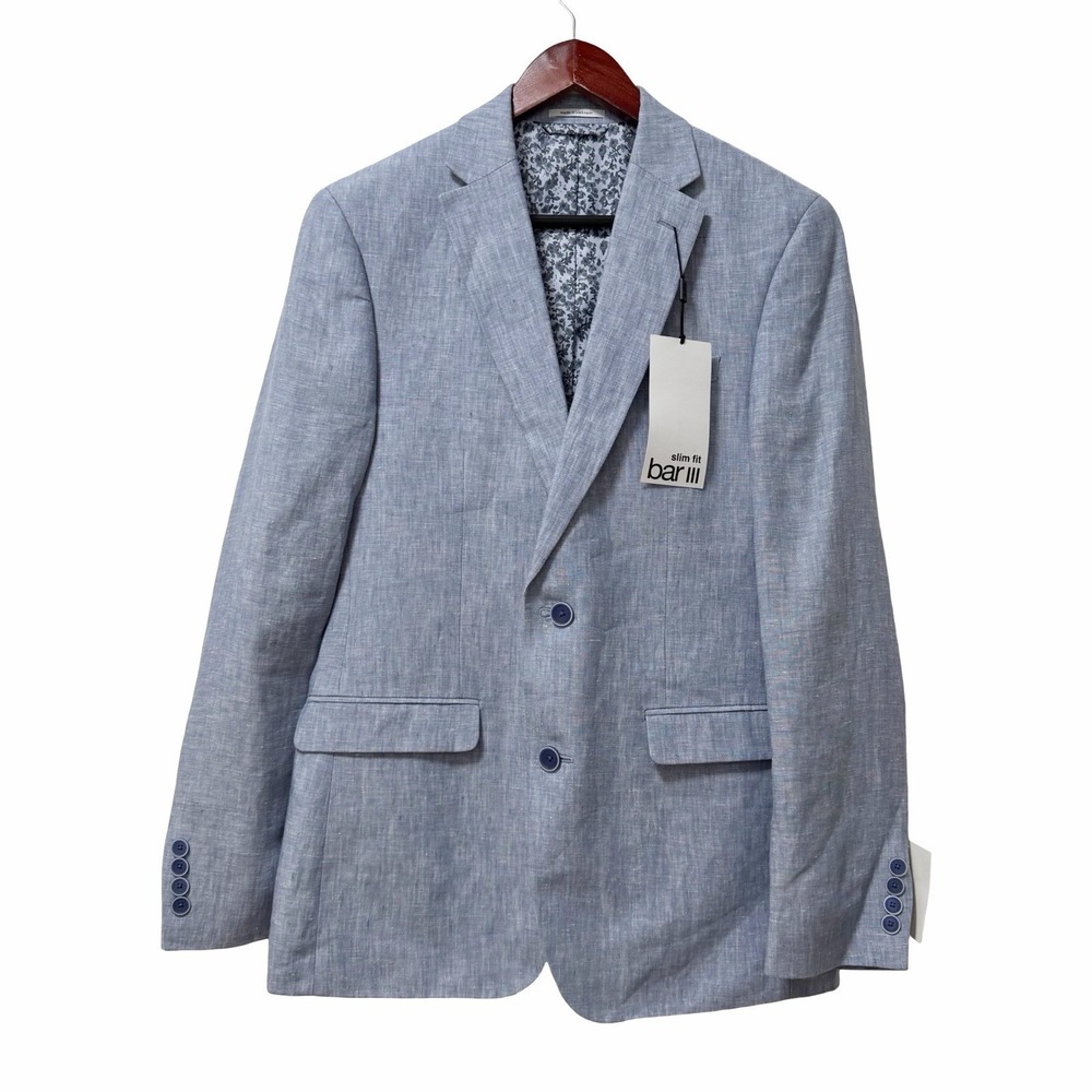 Bar III Slim Fit 100% Linen Sport Coat Single Breasted Blazer Mens 38R Blue NEW